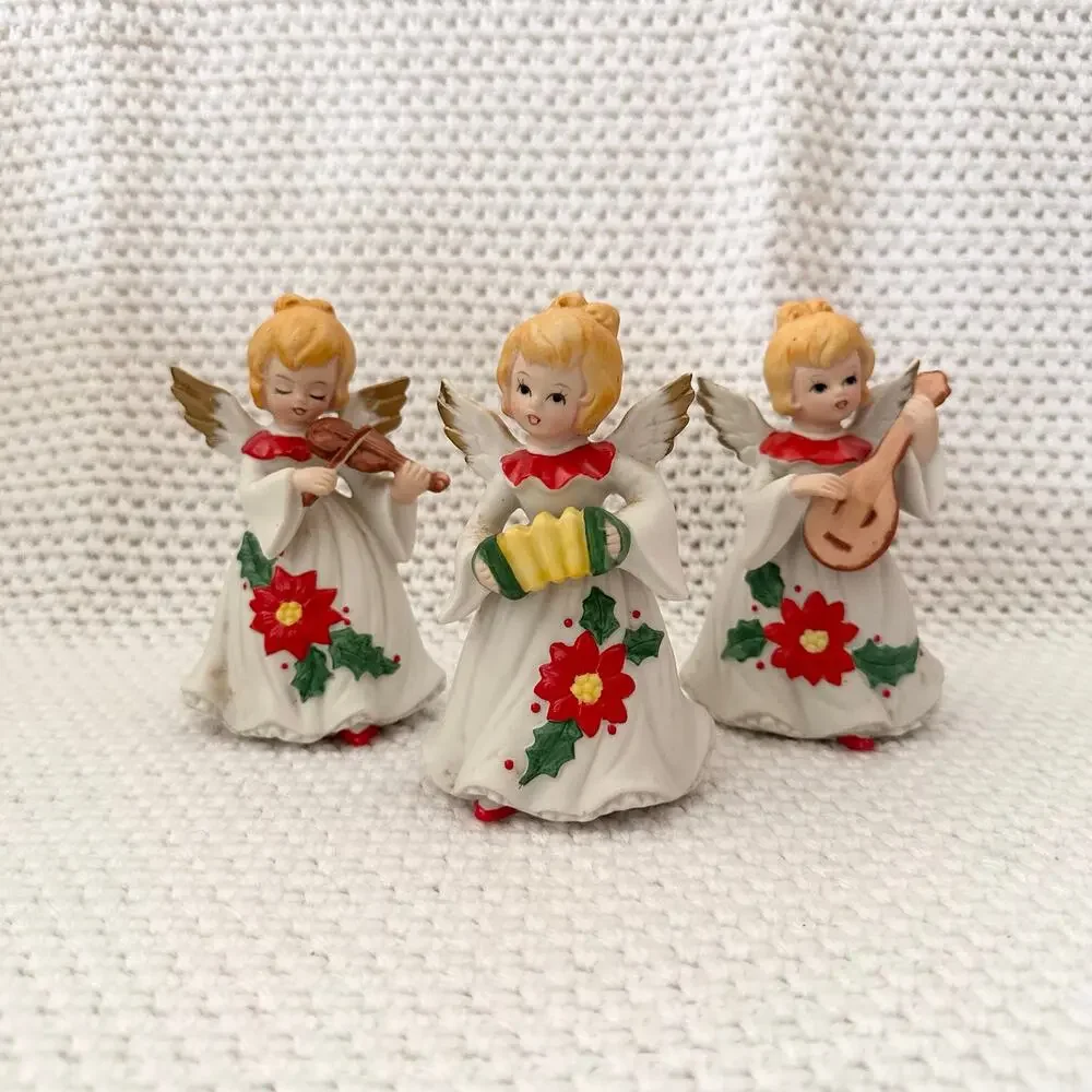 Vintage Taiwan Painted Poinsettia Ceramic Set 3 Choir Angel Girl Instruments MCM
